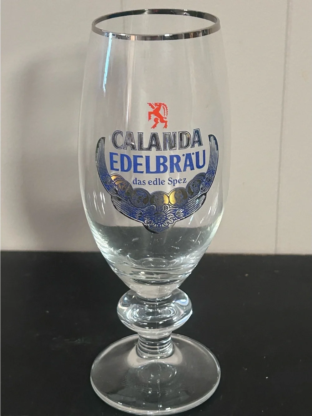Calanda Edelbräu Branded Beer Glass - Blue & Gold Accents